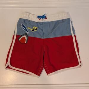 Mini Boden Swim Trunks Board Shorts Classic Red Blue Shark Surf - Size 9/10